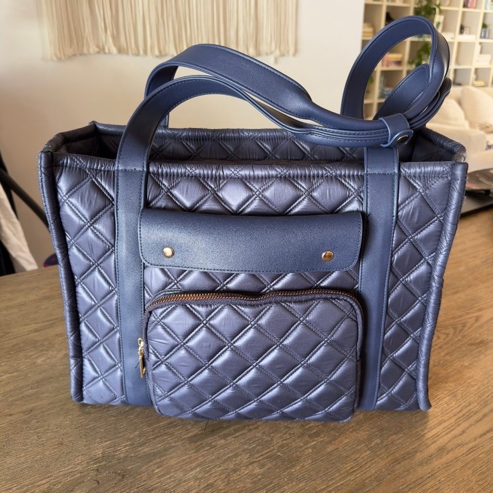 NEW Joan & David Navy Blue Quilted Nylon Large Tote Bag Gold Hardware w/ Pouch